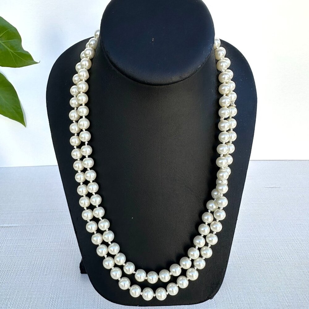 Vintage Faux Pearl Necklace, 38 Inch Hand Knotted Glass Imitation Pearls